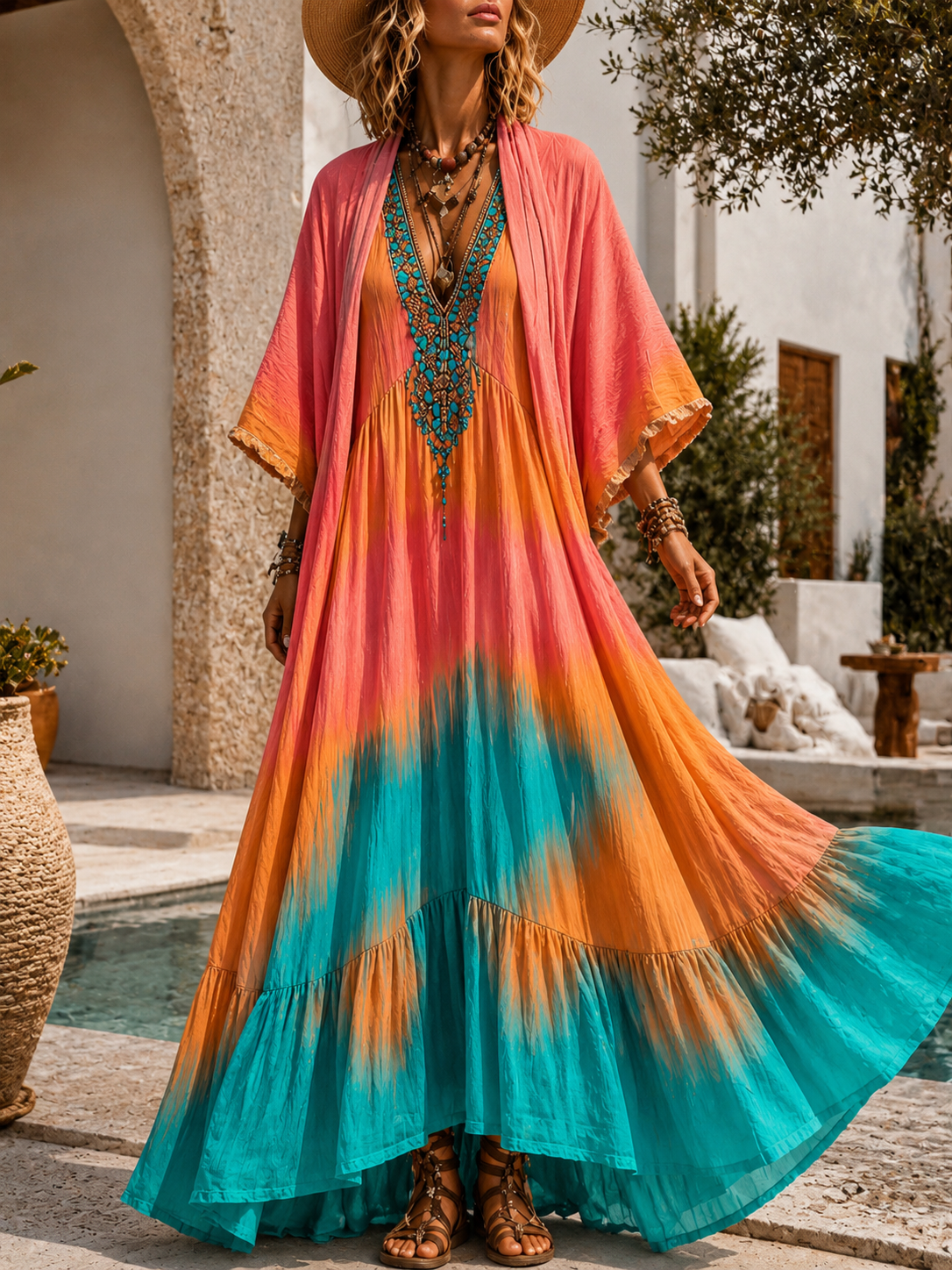 Retro Style Art Printed Vintage Camisole Dress Long Sleeve Two-Piece Maxi Dress